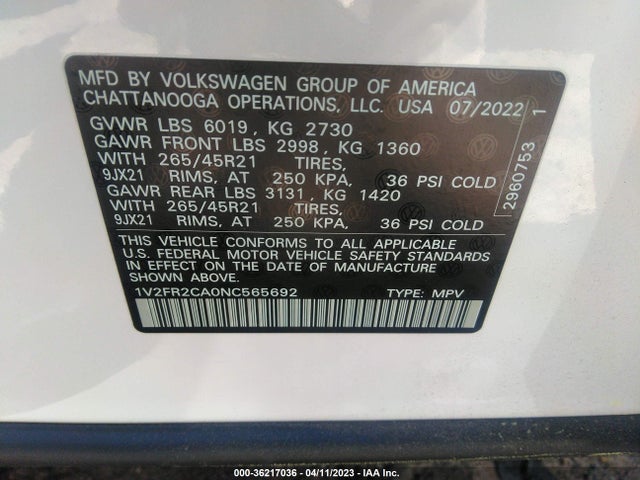 2022 Volkswagen Atlas, VIN: 1V2FR2CA0NC565692