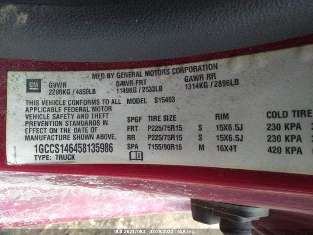 2005 CHEVROLET COLORADO LS Z85 VIN: 1GCCS146458135986