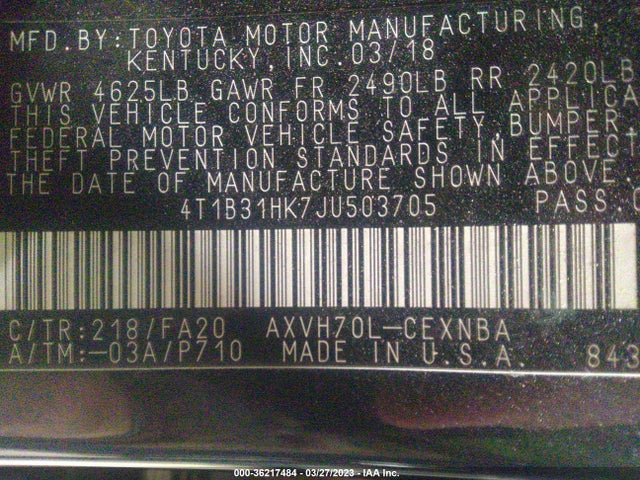 2018 Toyota Camry, VIN: 4T1B31HK7JU503705