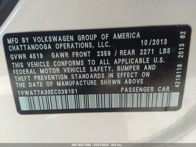 1VWAT7A30EC038151 Volkswagen Passat Wolfsburg Ed