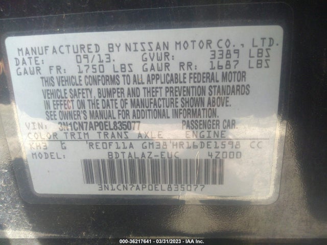 Nissan Versa S Plus 2014 3N1CN7AP0EL835077 Image 9