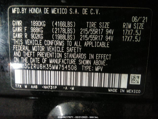 2021 HONDA HR-V LX VIN: 3CZRU6H35MM754506