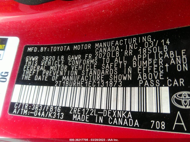 2014 TOYOTA COROLLA L/LE/S/S PLUS/LE PLUS VIN: 2T1BURHE1EC131873