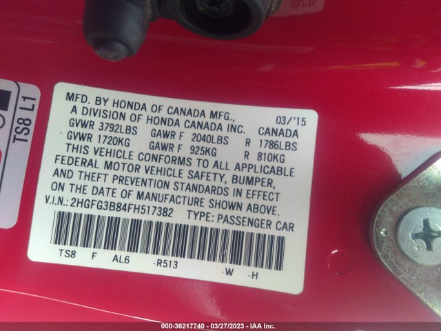 2015 HONDA CIVIC COUPE EX VIN: 2HGFG3B84FH517382