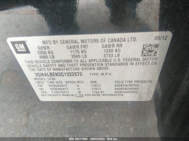 2012 CHEVROLET EQUINOX LS VIN: 2GNALBEK5C1322070