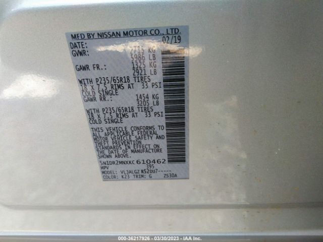 5N1DR2MNXKC610462 Nissan Pathfinder Sl