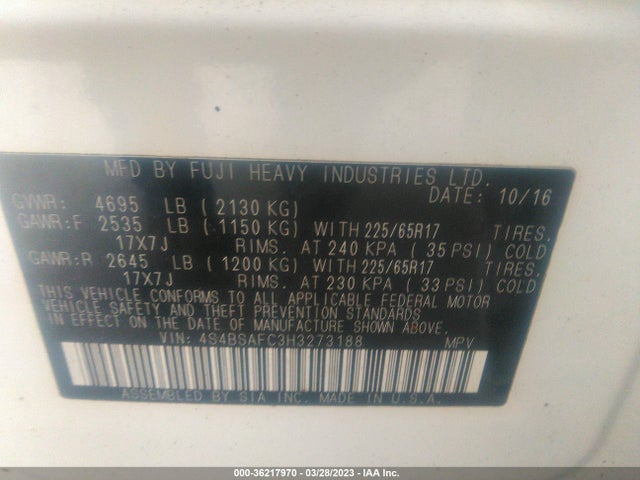 2017 SUBARU OUTBACK PREMIUM VIN: 4S4BSAFC3H3273188