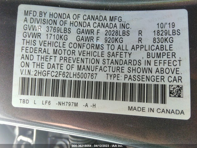 2020 HONDA CIVIC SEDAN LX VIN: 2HGFC2F62LH500767