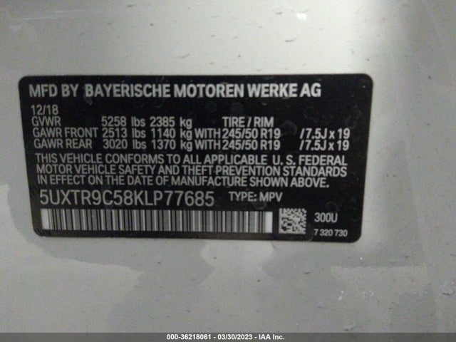 2019 BMW X3 XDRIVE30I VIN: 5UXTR9C58KLP77685