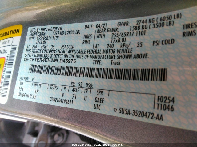 2021 FORD RANGER XL/XLT/LARIAT VIN: 1FTER4EH2MLD46976