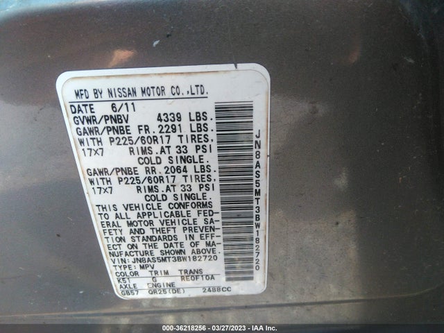 2011 NISSAN ROGUE SV VIN: JN8AS5MT3BW182720