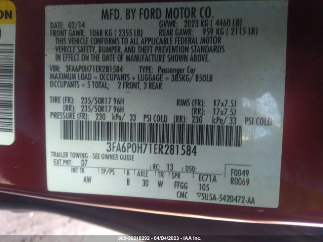 3FA6P0H71ER281584 Ford FUSION SE