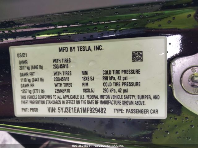 5YJ3E1EA1MF929482 Tesla Model 3 Standard Range Plus