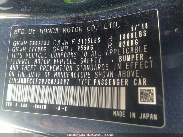 2018 HONDA CIVIC SEDAN EX-T VIN: JHMFC1F30JX023097