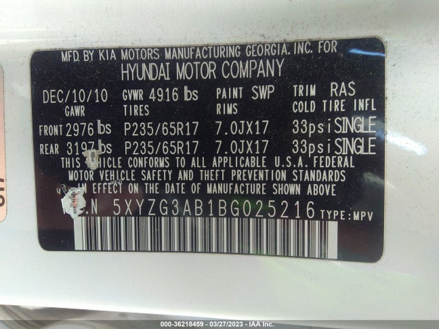 2011 Hyundai Santa Fe Gls მანქანა იყიდება აუქციონზე, vin: 5XYZG3AB1BG025216, აუქციონის ნომერი: 36218459