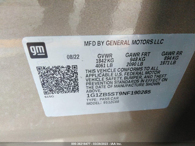 2022 CHEVROLET MALIBU LS VIN: 1G1ZB5ST9NF190285