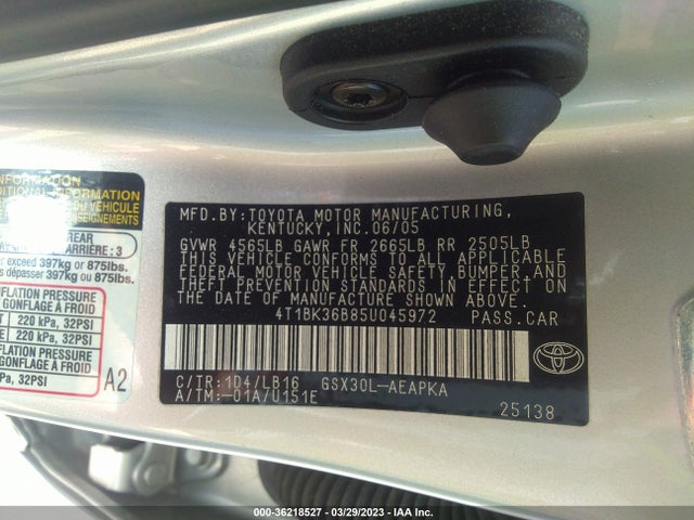 2005 TOYOTA AVALON XL/TOURING/XLS/LIMITED VIN: 4T1BK36B85U045972