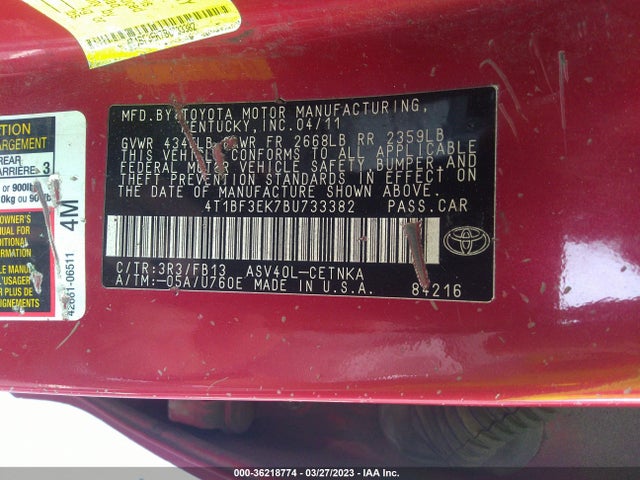 2011 TOYOTA CAMRY VIN: 4T1BF3EK7BU733382