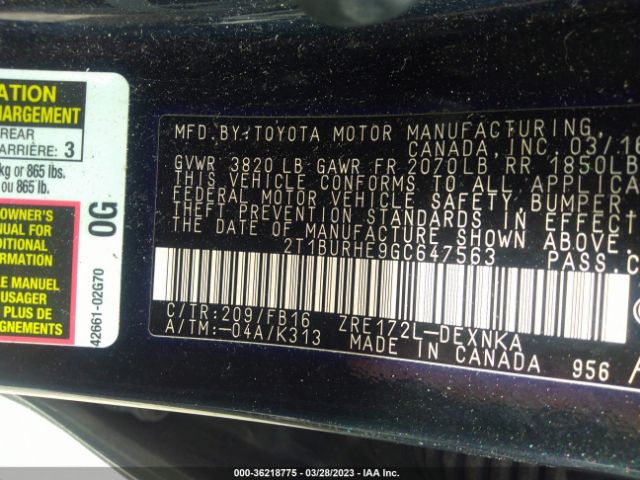 2T1BURHE9GC647563 Toyota COROLLA LE
