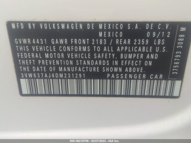 2013 Volkswagen Jetta Sedan Hybrid Sel მანქანა იყიდება აუქციონზე, vin: 3VW637AJ4DM231291, აუქციონის ნომერი: 36218789