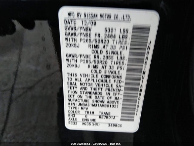 2010 INFINITI FX35 VIN: JN8AS1MU1AM801021