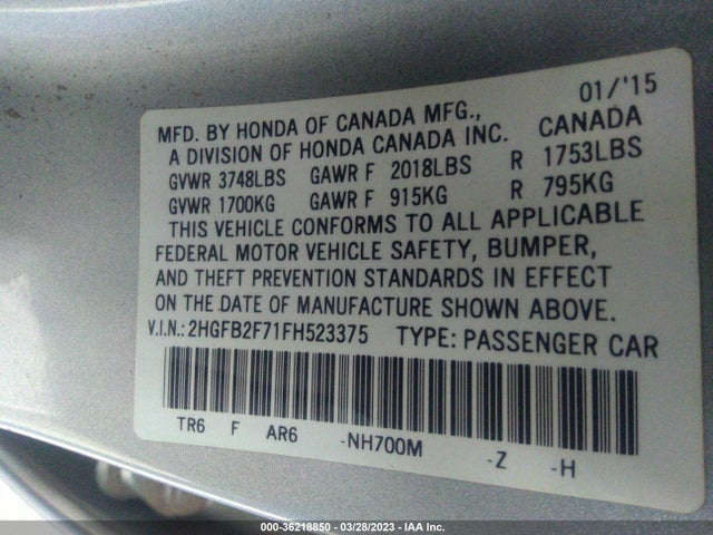 Honda CIVIC SE 2015 2HGFB2F71FH523375 Image 9