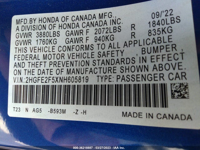 2022 HONDA CIVIC SEDAN SPORT VIN: 2HGFE2F5XNH605819