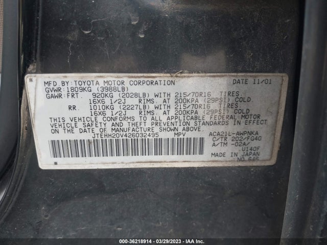 2002 TOYOTA RAV4 VIN: JTEHH20V426032495