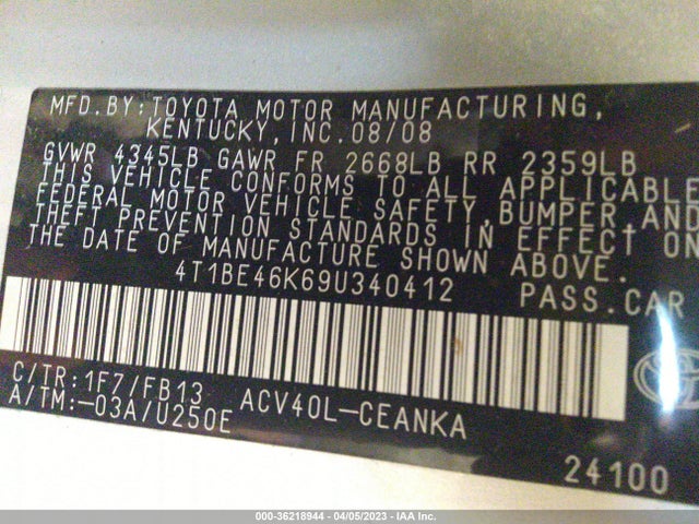Aukcja sprzedaży 2009 Toyota Camry, vin: 4T1BE46K69U340412, numer aukcji: 36218944