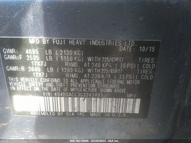 4S4BSACC3G3242493 Subaru Outback 2.5i Premium