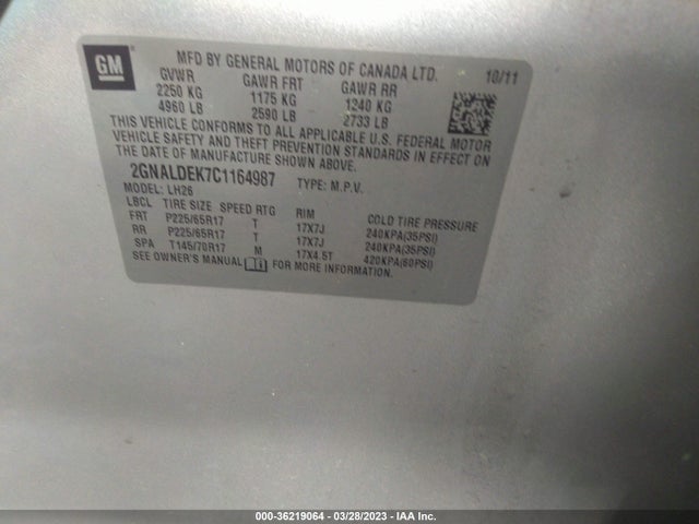 2012 CHEVROLET EQUINOX LT W/1LT VIN: 2GNALDEK7C1164987