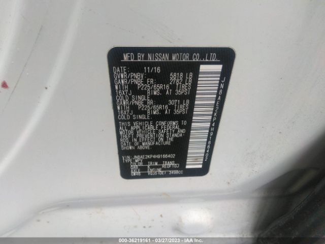 JN8AE2KP4H9166402 Nissan Quest Sv