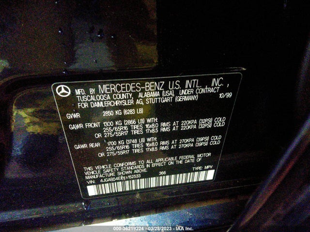 Продаж на аукціоні авто 2000 Mercedes-benz M-class, vin: 4JGAB54EXYA152533, номер лоту: 36219224