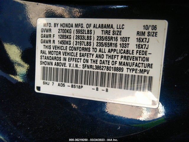 2007 HONDA ODYSSEY EX-L VIN: 5FNRL38627B018889