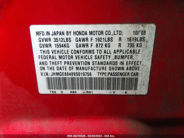 2009 HONDA FIT SPORT VIN: JHMGE88489S019756