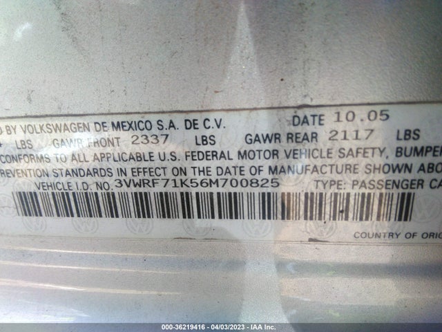 2006 VOLKSWAGEN JETTA SEDAN 2.5L VIN: 3VWRF71K56M700825
