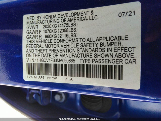 2021 HONDA ACCORD SEDAN SPORT VIN: 1HGCV1F33MA090865