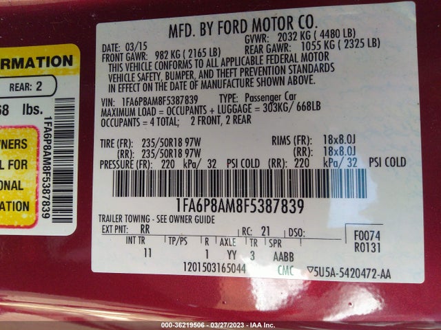 2015 Ford Fastback, VIN: 1FA6P8AM8F5387839