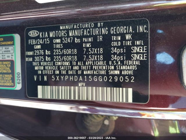 5XYPHDA15GG029052 KIA SORENTO EX
