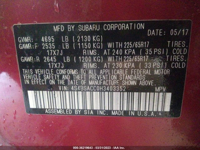 4S4BSACC0H3403352 Subaru Outback Premium