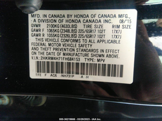 2015 HONDA CR-V EX-L VIN: 2HKRM4H71FH684153
