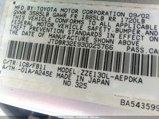 2003 TOYOTA COROLLA CE/LE VIN: JTDBR32E930025766