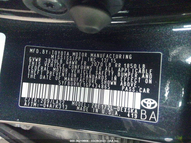 Toyota Corolla L/le/s/s Plus/le Plus 2016 5YFBURHE1GP434865 Image 10