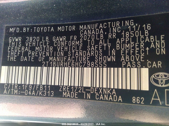 2017 TOYOTA COROLLA L/LE/XLE/SE VIN: 2T1BURHE6HC798555