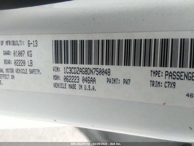 2013 DODGE AVENGER SE V6 VIN: 1C3CDZAG8DN750048