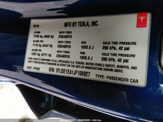 Tesla Model 3 Range Battery 2018 5YJ3E1EA1JF108927 Image 9