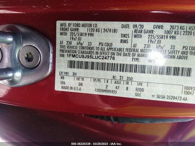 2020 FORD ESCAPE TITANIUM VIN: 1FMCU9J95LUC24778