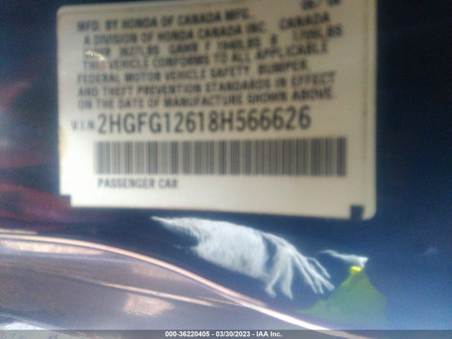 2008 HONDA CIVIC CPE LX VIN: 2HGFG12618H566626