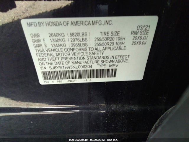 5J8YE1H43NL006304 Acura Mdx W/technology Package