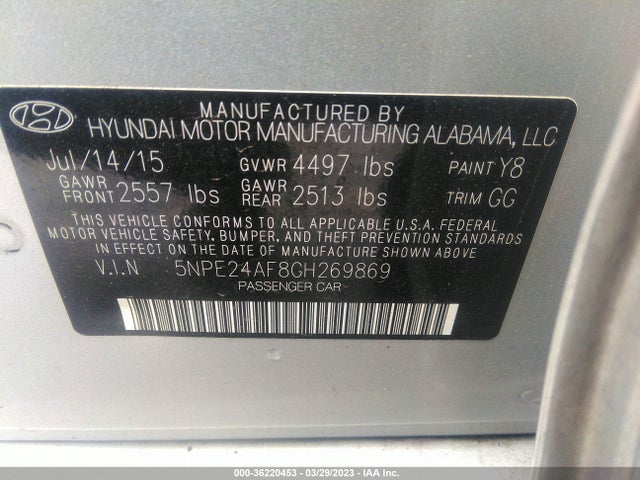 2016 HYUNDAI SONATA 2.4L SE VIN: 5NPE24AF8GH269869